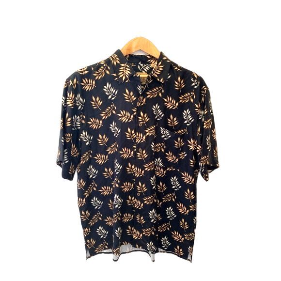 Jos A Banks Black Tan Leaf Print Silk Short Sleeve Hawaiian Button Up Shirt Sz M - Picture 1 of 9
